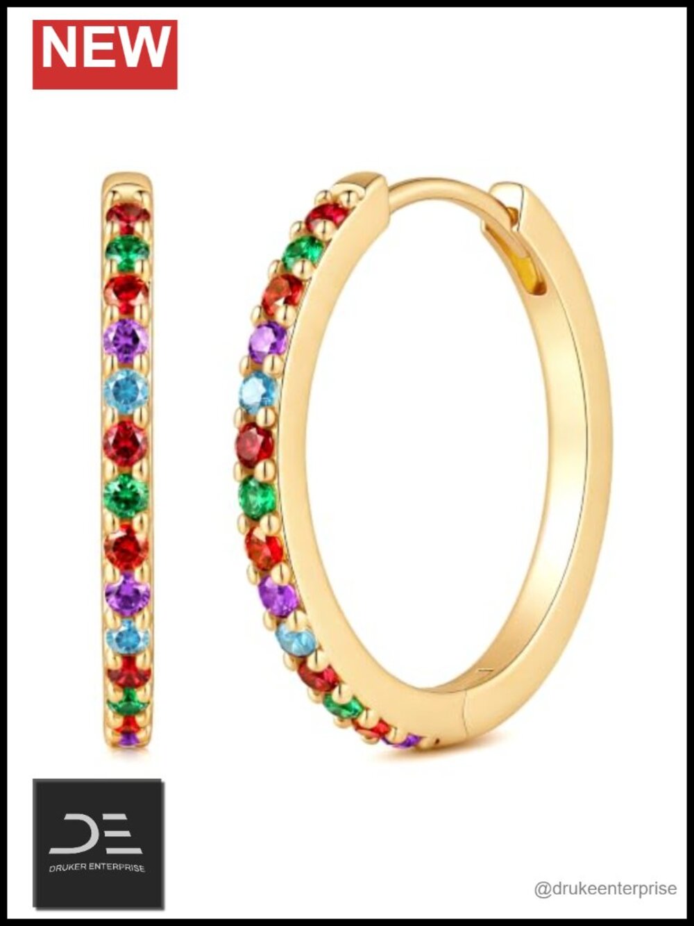 14K Gold Plated Hoop Earrings Cubic Zirconia Press Clasp